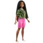Preview: Barbie Fashionistas Doll 144 with Long Brunette Braids Wearing Neon Green Animal-Print Top, Pink Shorts, White Sandals & Earrings
