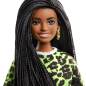 Preview: Barbie Fashionistas Doll 144 with Long Brunette Braids Wearing Neon Green Animal-Print Top, Pink Shorts, White Sandals & Earrings