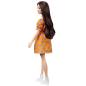 Preview: Barbie Fashionistas Doll 160 with Long Brunette Hair Wearing Patterned Orange Dress, White Shoes & Yellow Choker