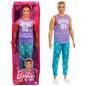 Preview: Barbie Ken Fashionistas Doll 165 with Sculpted Brown Hair Wearing Purple “Malibu” Top, Blue Starred Joggers & White Shoes