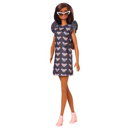 Barbie Fashionistas Doll 140 with Long Brunette Hair Wearing Mouse-Print Dress, Pink Booties & Sunglasses