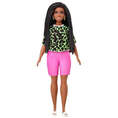 Barbie Fashionistas Doll 144 with Long Brunette Braids Wearing Neon Green Animal-Print Top, Pink Shorts, White Sandals & Earrings