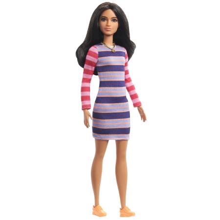 Barbie Fashionistas Doll 147 with Long Brunette Hair Wearing Striped Dress, Orange Shoes & Necklace