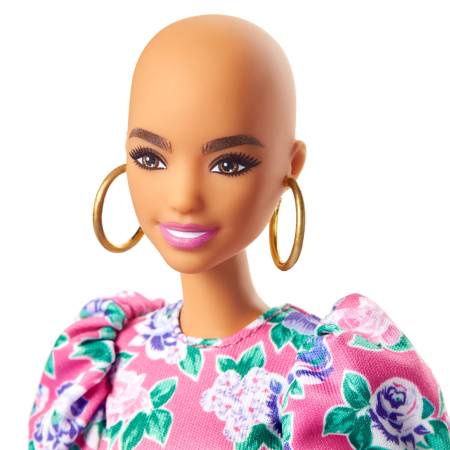 Barbie Fashionistas Doll 150 with No-Hair Look Wearing Pink Floral Dress, White Booties & Earrings