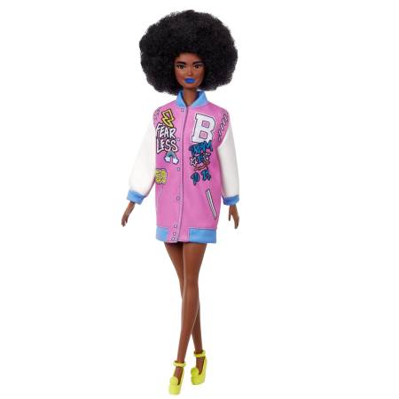 Barbie Fashionistas  with Brunette Afro & Blue Lips Wearing Graphic Coat Dress & Yellow Shoes