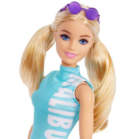 Barbie Fashionistas Doll 158, Long Blonde Pigtails Wearing Teal Sport Top, Patterned Leggings, Pink Sneakers & Sunglasses