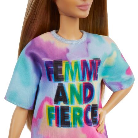 Barbie Fashionista Doll, Petite, with Light Brown Hair Wearing Tie-Dye T-Shirt Dress, White Shoes & Visor