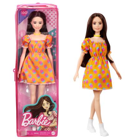 Barbie Fashionistas Doll 160 with Long Brunette Hair Wearing Patterned Orange Dress, White Shoes & Yellow Choker