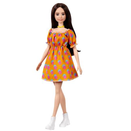 Barbie Fashionistas Doll 160 with Long Brunette Hair Wearing Patterned Orange Dress, White Shoes & Yellow Choker