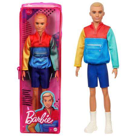 Barbie Ken Fashionistas Doll 163, Slender with Sculpted Blonde Hair Wearing Color-Blocked Jacket-Style Top, Blue Shorts & White Boots