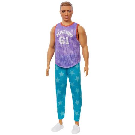 Barbie Ken Fashionistas Doll 165 with Sculpted Brown Hair Wearing Purple “Malibu” Top, Blue Starred Joggers & White Shoes
