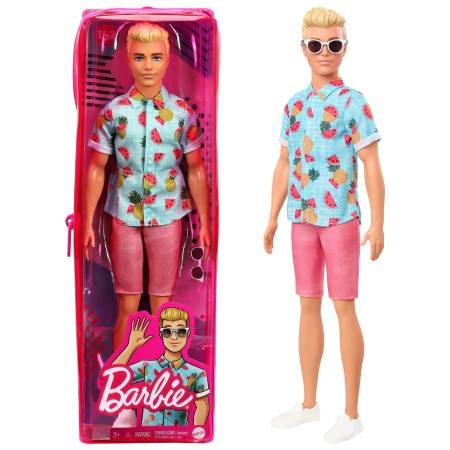 Barbie Ken Fashionistas Doll 152 with Sculpted Blonde Hair Wearing Blue Tropical-Print Shirt, Coral Shorts, White Shoes & White Sunglasses