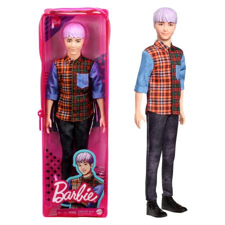 Barbie Ken Fashionistas Doll 154 with Sculpted Purple Hair Wearing a Color-Blocked Plaid Shirt, Black Denim Pants & Boots