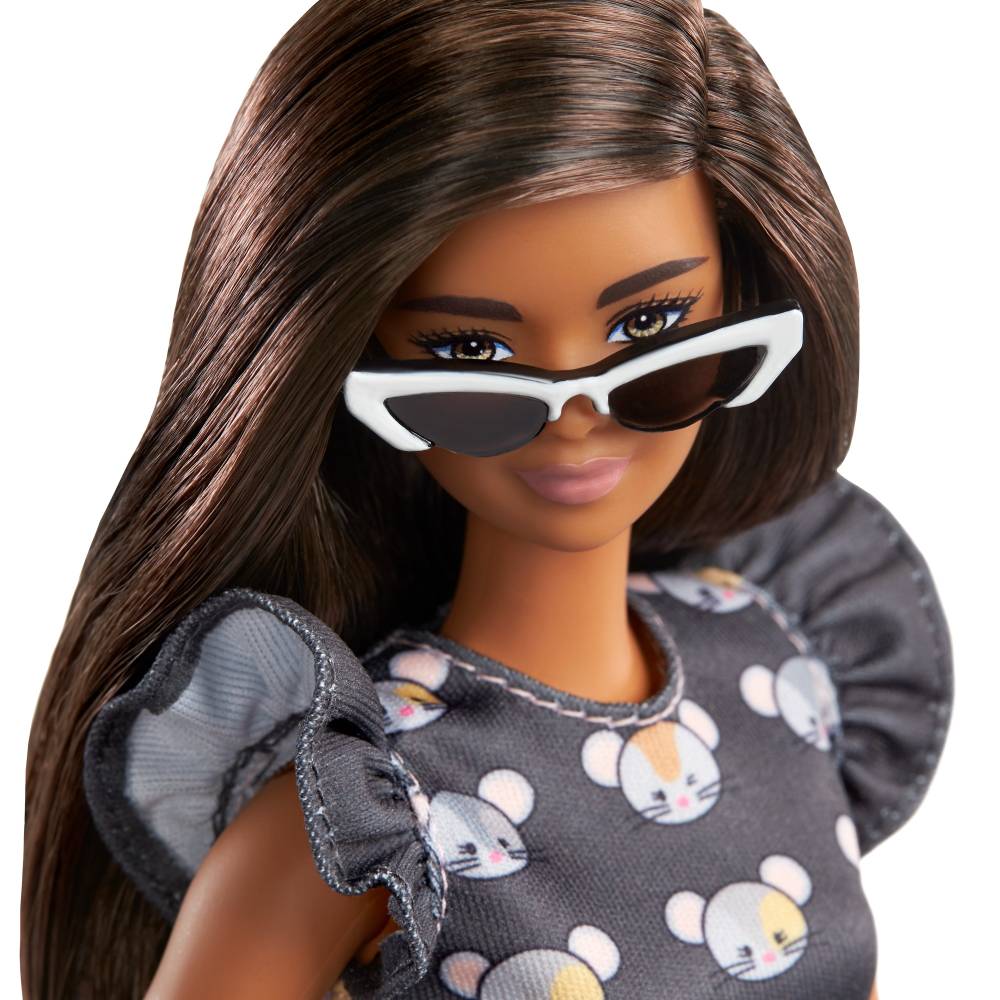 Barbie Fashionistas Doll 140 with Long Brunette Hair Wearing Mouse-Print Dress, Pink Booties & Sunglasses