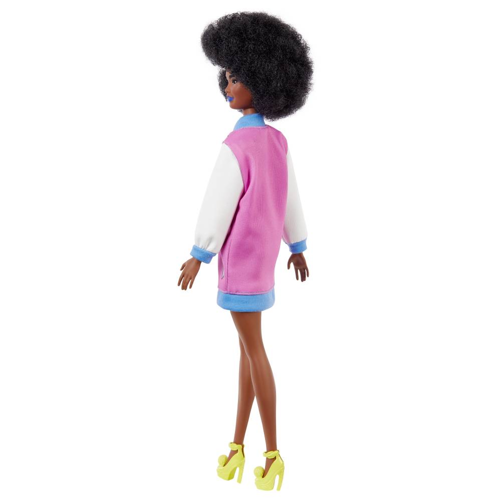 Barbie Fashionistas  with Brunette Afro & Blue Lips Wearing Graphic Coat Dress & Yellow Shoes