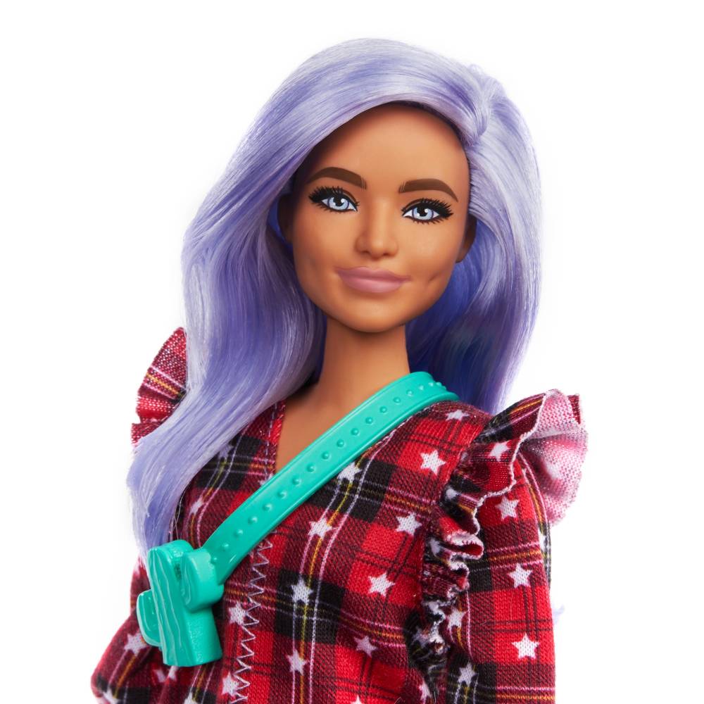 Barbie Fashionistas Doll 157, Curvy with Lavender Hair Wearing Red Plaid Dress, White Cowboy Boots & Teal Cross-Body Cactus Bag