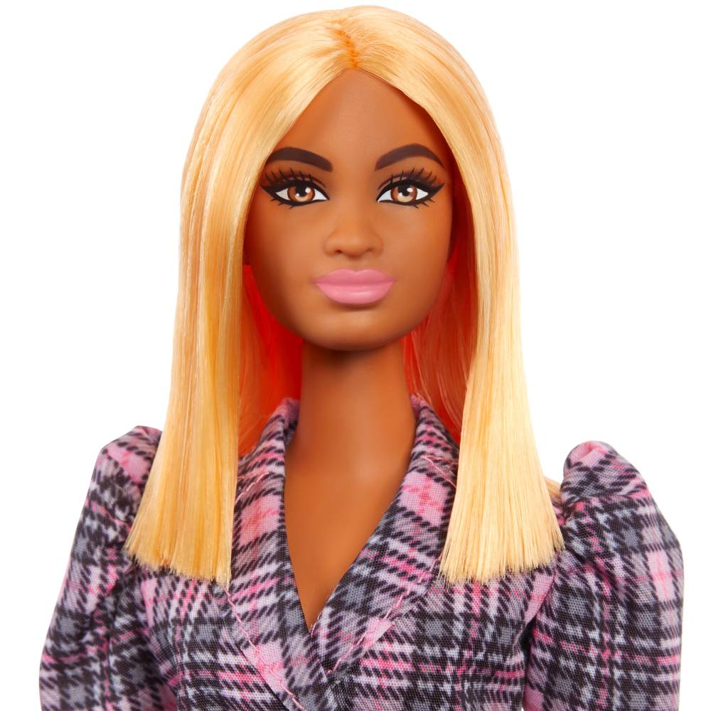 Fashionistas Barbie 161, Curvy with Orange Hair Wearing Pink Plaid Dress, Black Boots & Yellow Fanny Pack