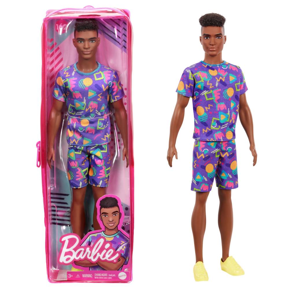 Barbie Ken Fashionistas Doll 162 with Rooted Brunette Hair Wearing Graphic Purple Top, Shorts & Yellow Shoes